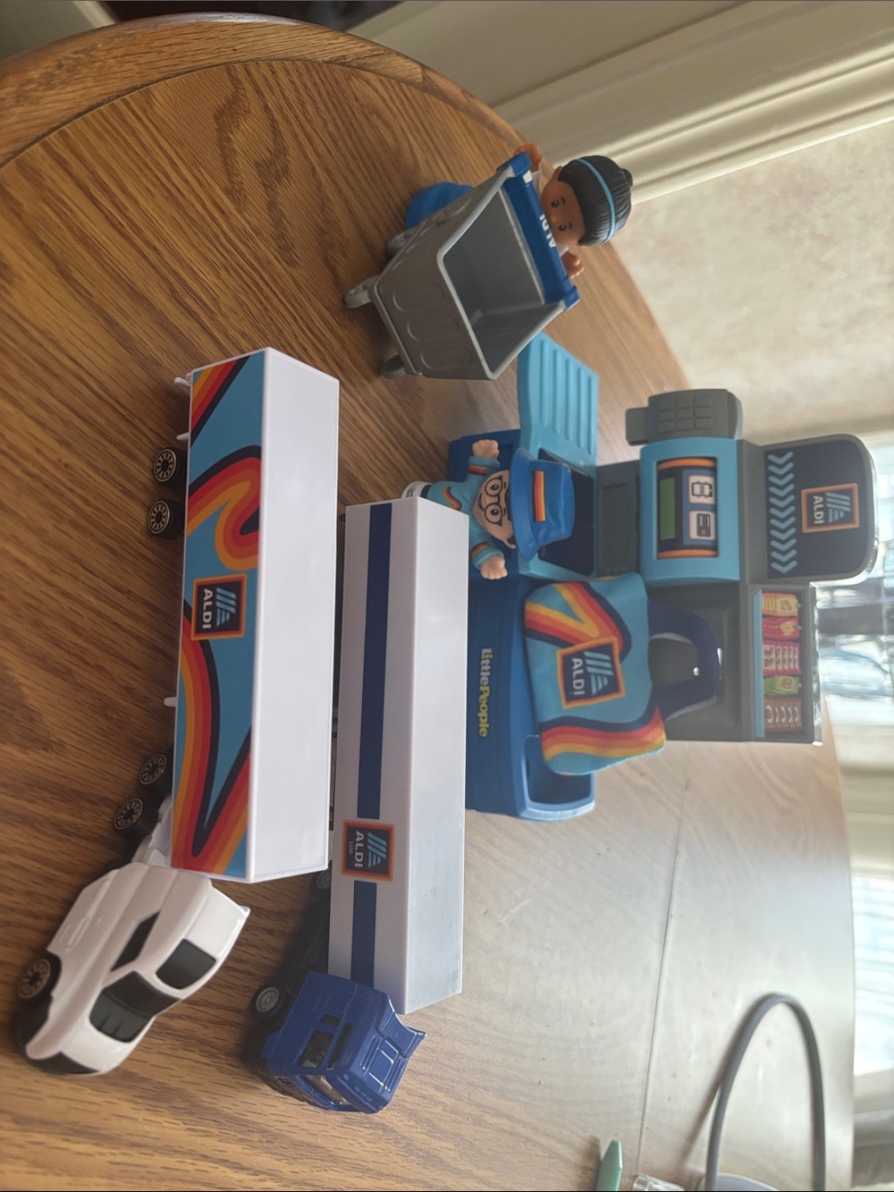 Aldi FP fisher price LP little people set and two toy Aldi trucks